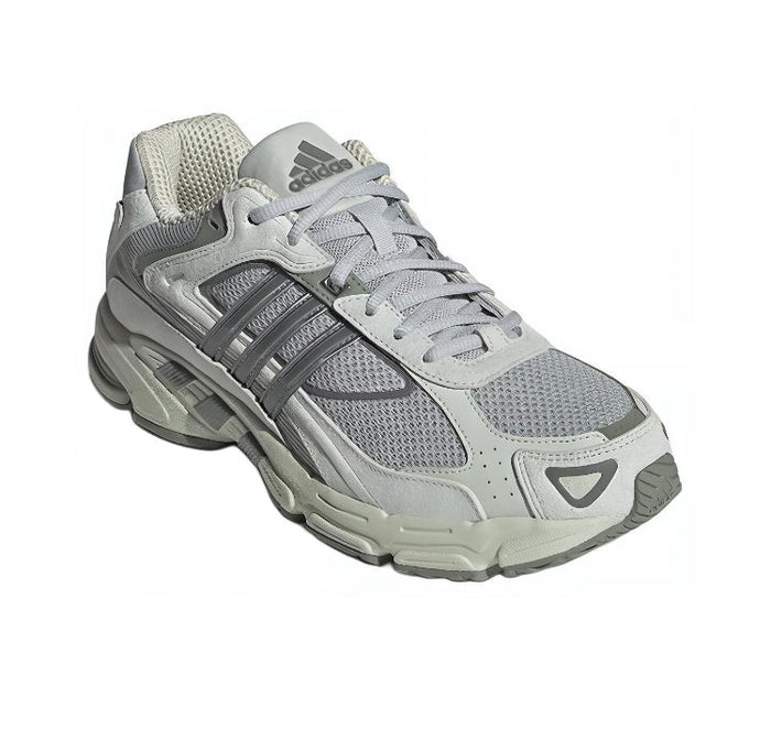 Adidas sneaker, light gray mesh upper with lace-up and molded side stripe panels.
