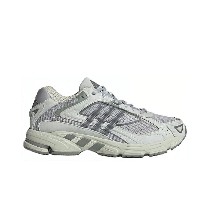 Adidas sneaker, light gray upper with three stripe overlays and cushioned sole.