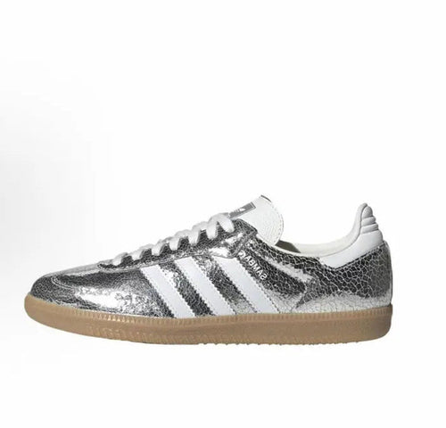 Adidas Samba OG low-top sneakers, metallic silver with white stripes and gum sole