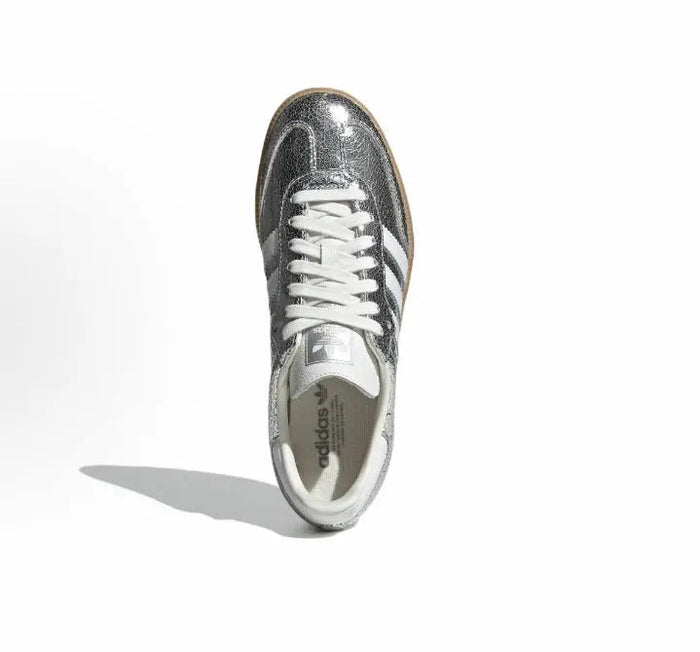 Adidas Samba OG sneaker, metallic upper with white laces and Adidas logo on tongue