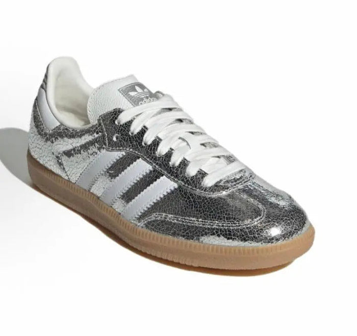 Adidas Samba OG low-top sneakers, metallic silver leather with white stripes and gum sole