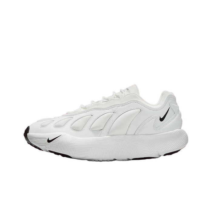 White low-top sneakers with Nike swoosh and black accents