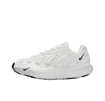 White low-top sneakers with Nike swoosh and black accents