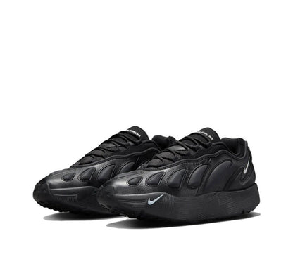 Black Nike Sense sneakers angled side view with swoosh and toe overlays