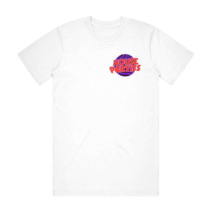 House Parties white t-shirt featuring a colorful HOUSE PARTIES logo in red and orange over a purple basketball graphic on the left chest.