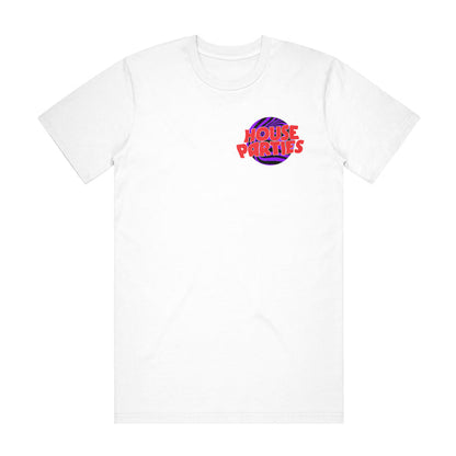 House Parties white t-shirt featuring a colorful HOUSE PARTIES logo in red and orange over a purple basketball graphic on the left chest.