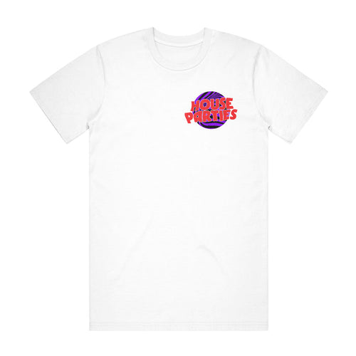 House Parties white t-shirt featuring a colorful HOUSE PARTIES logo in red and orange over a purple basketball graphic on the left chest.