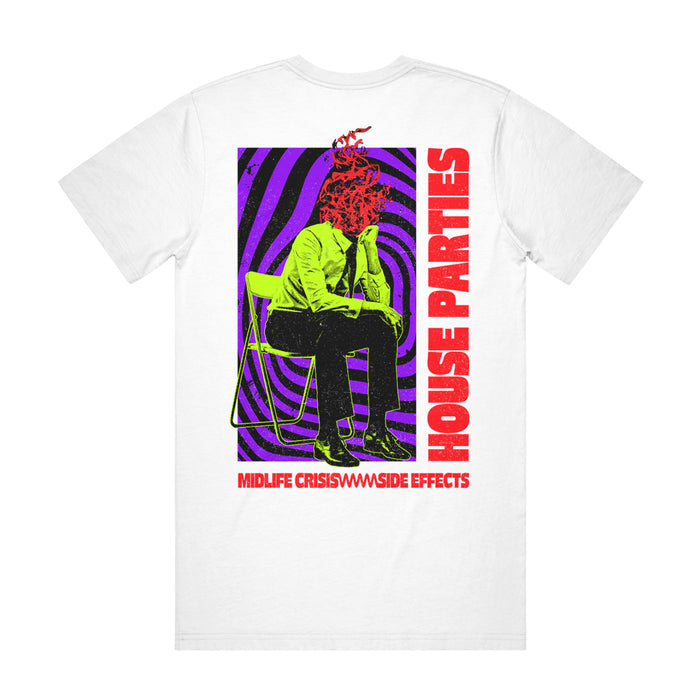The House Parties Side Effects White t-shirt showcases a vibrant graphic of a seated figure with a red scribbled head, purple spiral backdrop, and bold red HOUSE PARTIES and MIDLIFE CRISIS///SIDE EFFECTS text.