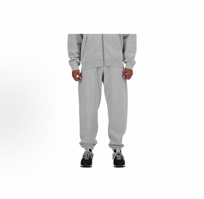Grey fleece jogger pants with drawstring waist and tapered cuffs
