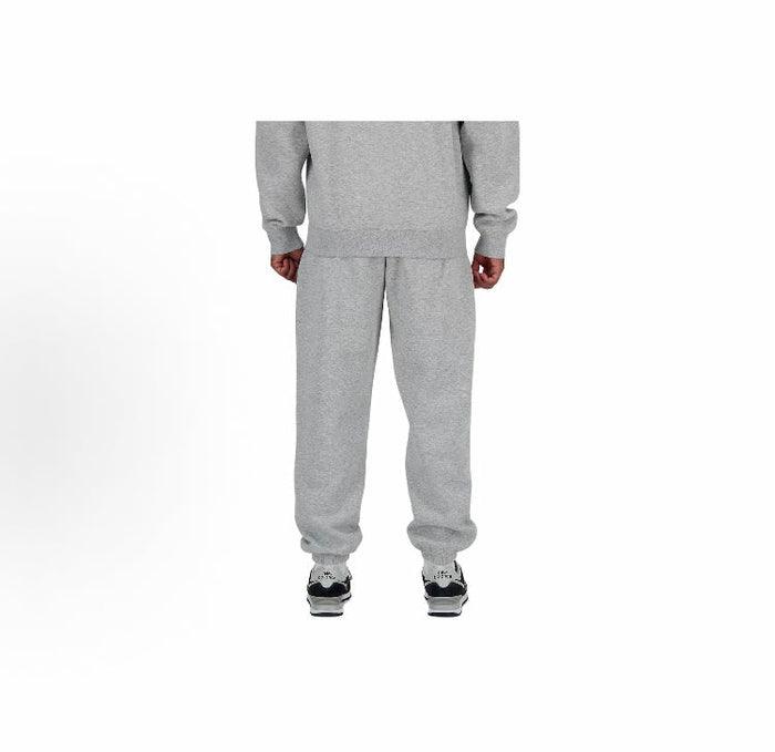 Grey fleece jogger pants, full-body front view, cuffed ankles