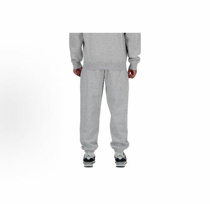 Grey fleece jogger pants, full-body front view, cuffed ankles