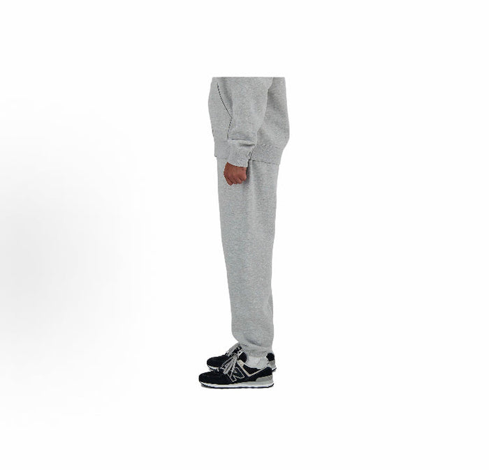Heather grey fleece jogger pants, side view with cuffed hem