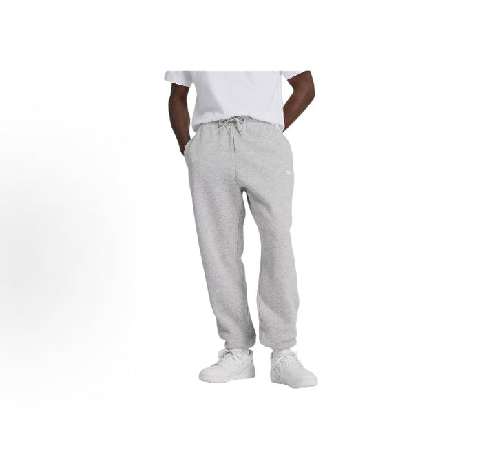Grey fleece jogger pants with elastic waistband and gathered ankle cuffs