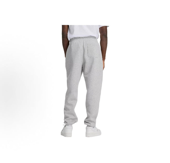 Grey fleece jogger pants, back view with tapered legs and ribbed cuffs
