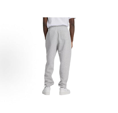 Grey fleece jogger pants, back view with tapered legs and ribbed cuffs