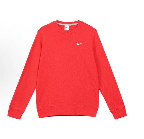 Red Nike Sportswear Club Fleece crewneck sweatshirt with small white Swoosh on chest