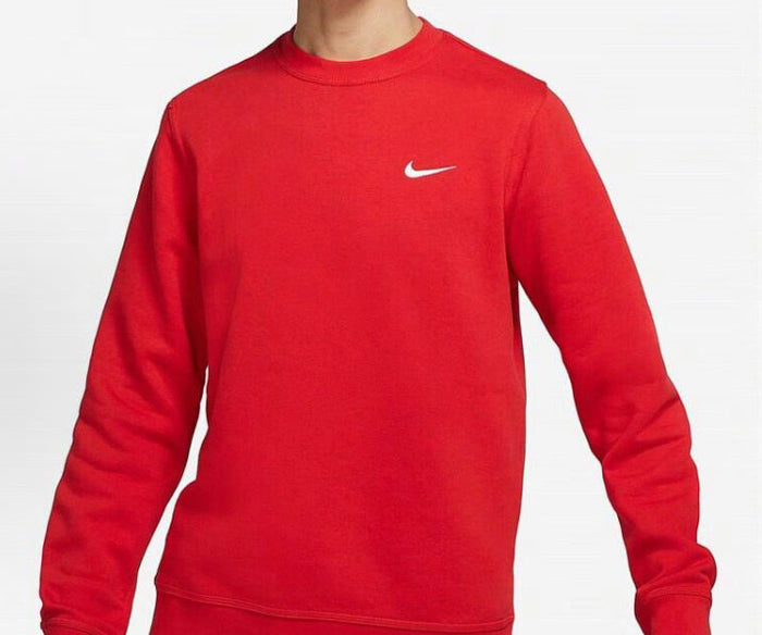 Red Nike Sportswear Club Fleece crewneck sweatshirt with white Swoosh at upper chest