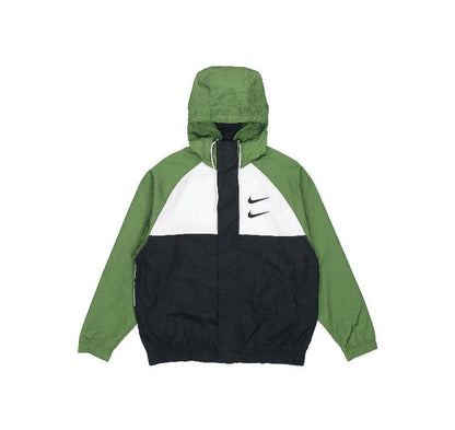 Green and black hooded Nike windbreaker jacket with white center stripe and Swoosh logo