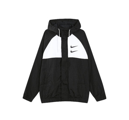 Nike hooded windbreaker jacket, black with white panel and zip front