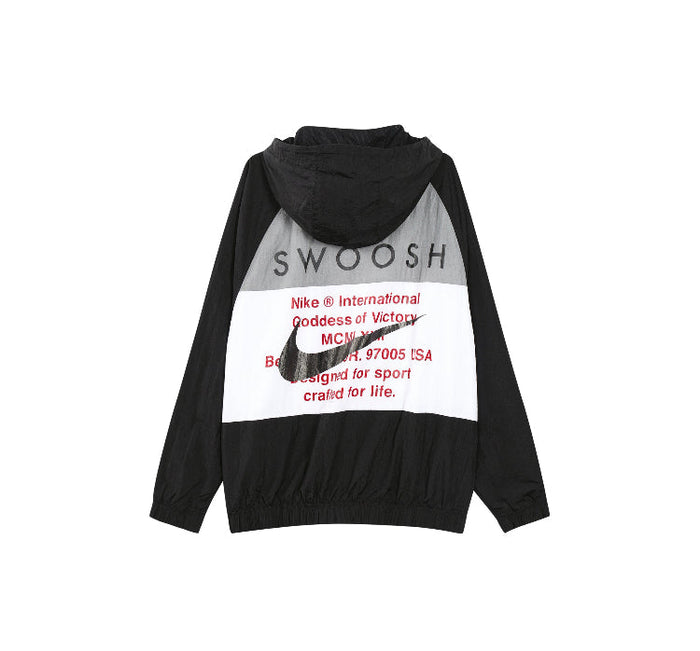 Nike hooded windbreaker back, black with white graphic panel and hood