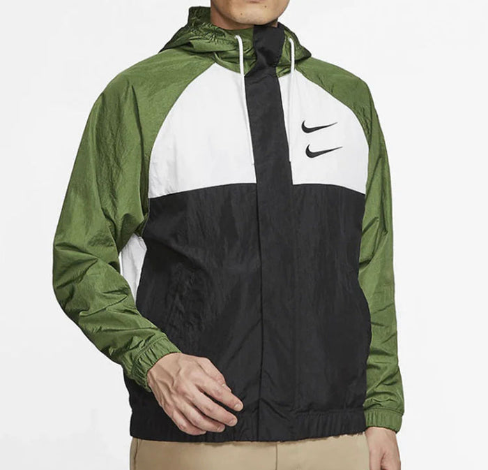 Green and black hooded Nike windbreaker jacket with full zipper and white center stripe