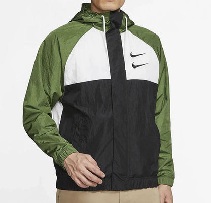 Green and black hooded Nike windbreaker jacket with full zipper and white center stripe