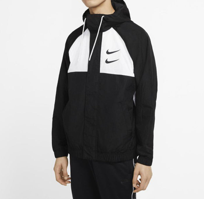 Nike hooded windbreaker, black with large white swoosh-style logo on chest