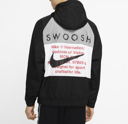 Nike hooded windbreaker back, white graphic with swoosh and red text on black