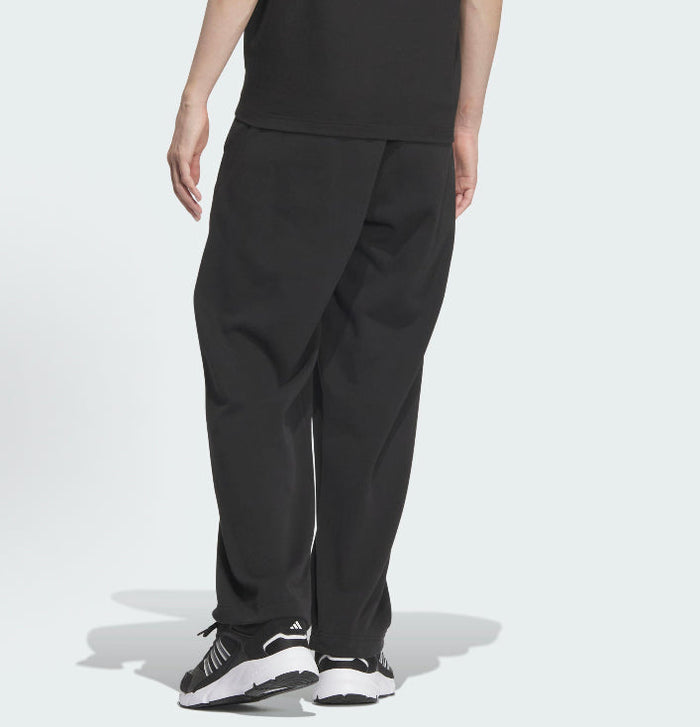 Black track pants with angled side seam and tapered leg opening