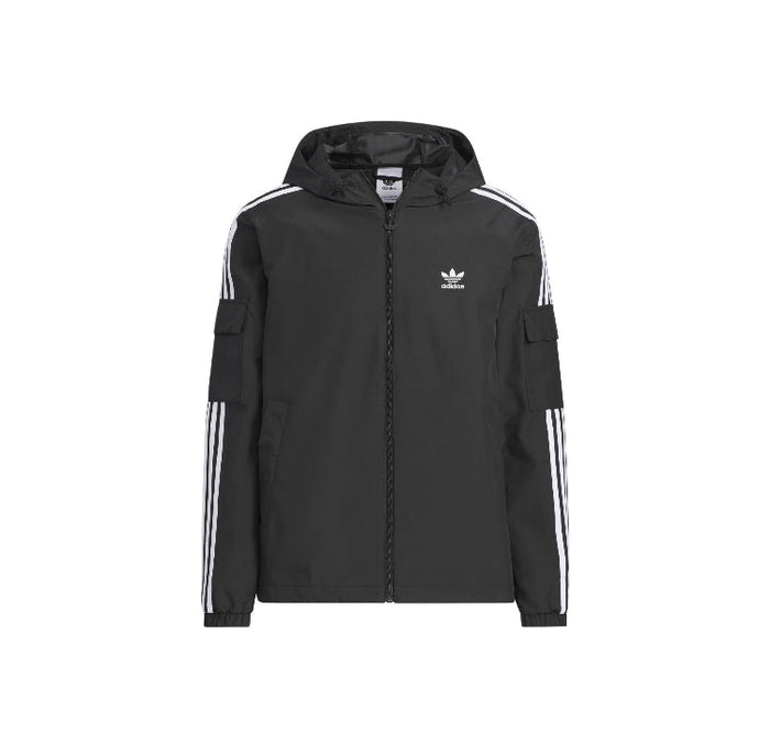 Adidas track jacket, black with white sleeve stripes and stand collar