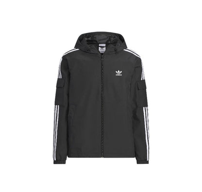 Adidas track jacket, black with white sleeve stripes and stand collar