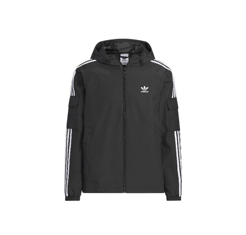 Adidas track jacket, black with white sleeve stripes and stand collar