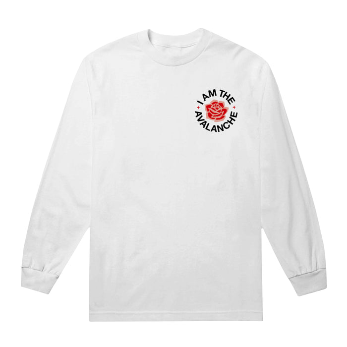 A white I Am The Avalanche Comfort Colors long-sleeve t-shirt with a rose graphic and "I AM THE AVALANCHE" in black text on the left chest.