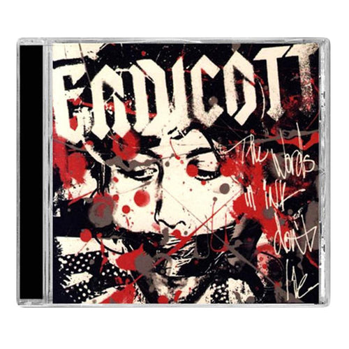 A CD case by Endicott featuring abstract, chaotic black, red, and white art with a distressed face, bold ENDICOTT at the top, and graffiti text reading “The Words In Ink Don’t Lie”—a true nod to melodic punk energy.