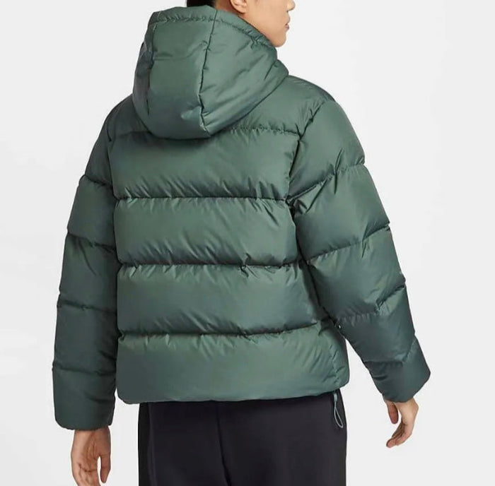 Nike Therma-FIT puffer jacket, dark green, back view with hood