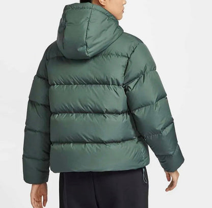 Nike Therma-FIT puffer jacket, dark green, back view with hood