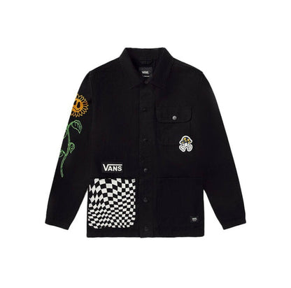 Vans black button-up jacket with checker pocket, flower patches, and chest logo