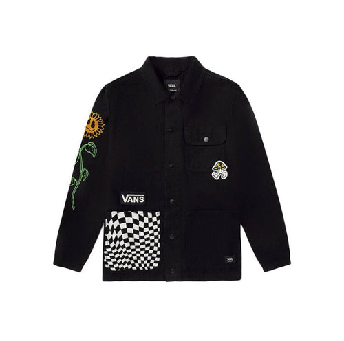 Vans black button-up jacket with checker pocket, flower patches, and chest logo