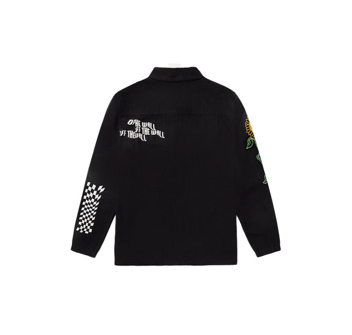 Vans black button-up jacket with checkered sleeve patch and back graphic text
