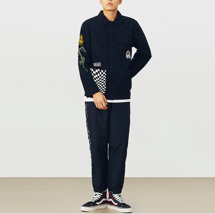 Vans black jacket with checkered pocket panel and flower sleeve embroidery