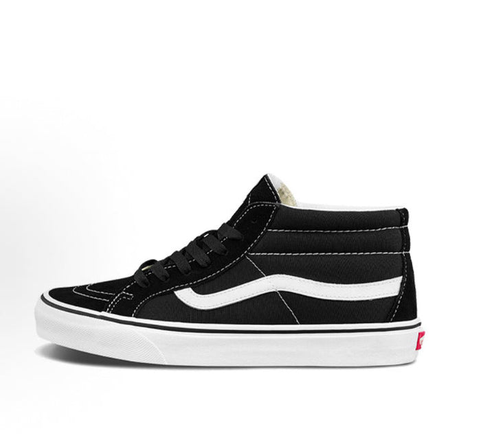 Vans Sk8-Mid mid-top sneakers, black canvas with white stripe and sole