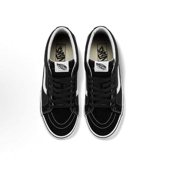 Vans Sk8-Mid sneakers, black with white trim, lace-up front view
