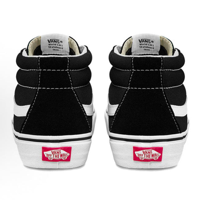 Vans Sk8-Mid sneakers, black uppers with white heel stripe and logo tab