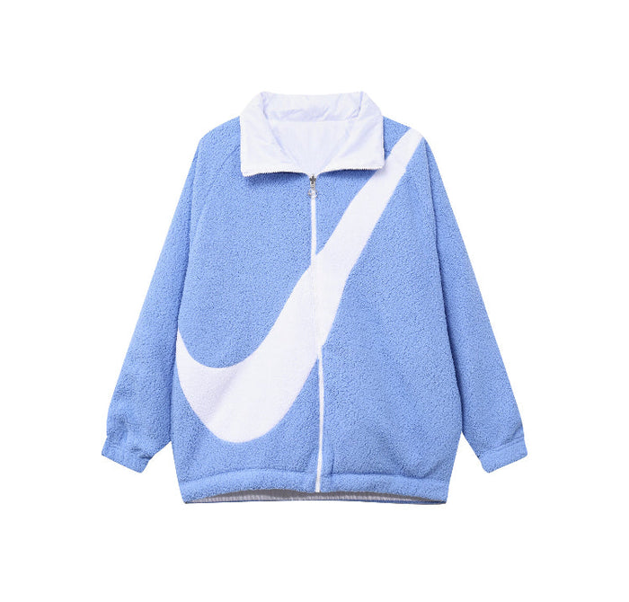 Nike reversible velvet jacket in light blue with white zip and swoosh logo