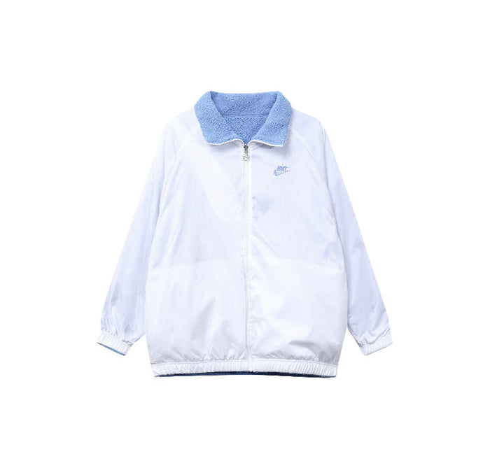 Nike reversible velvet jacket in white with blue fleece collar and zip front