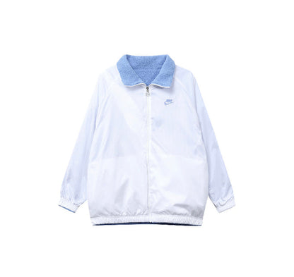 Nike reversible velvet jacket in white with blue fleece collar and zip front