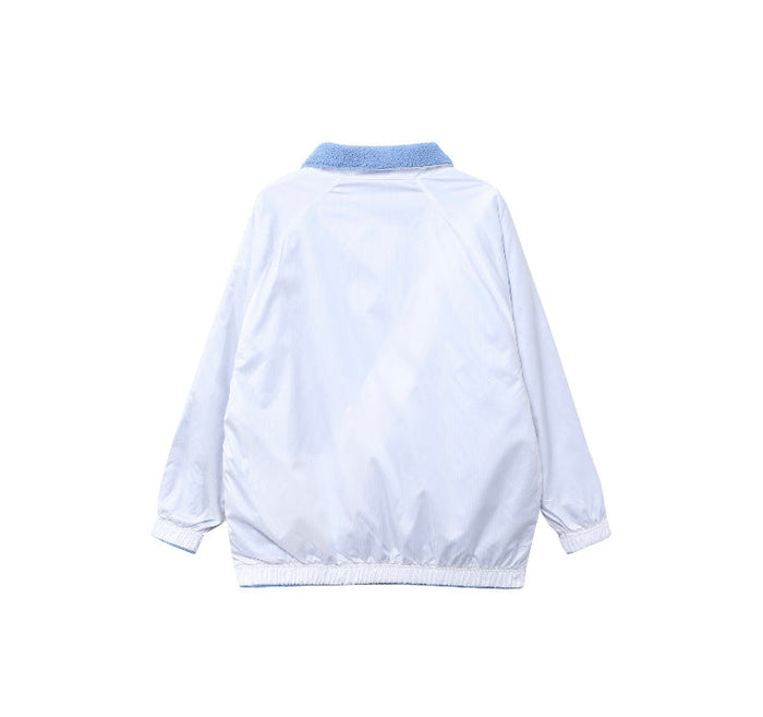 Nike reversible velvet jacket back view in white with blue fleece collar