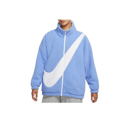 Nike reversible velvet jacket light blue front view with white swoosh and zip