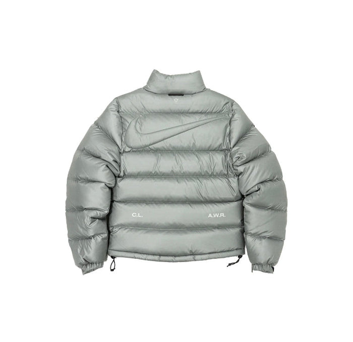 Puffer jacket back view with full-zip, stand collar, gray metallic sheen
