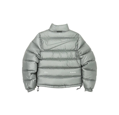 Puffer jacket back view with full-zip, stand collar, gray metallic sheen